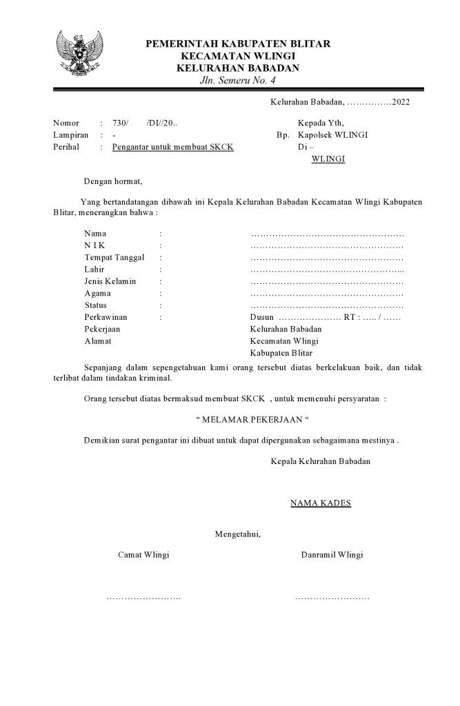 Contoh Surat Pengantar SKCK  Kelurahan, Desa, RT (DOC / PDF)