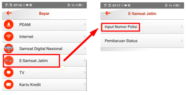Pilih menu e-Samsat Jatim dan input nomor polisi