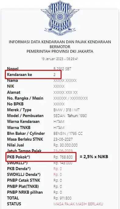 Hasil cek pajak kendaraan Jakarta via Aplikasi Cek Pajak