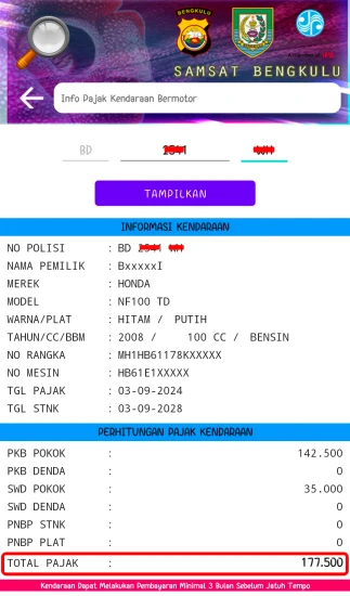cek pajak kendaraan Bengkulu via Aplikasi Samsat Bengkulu